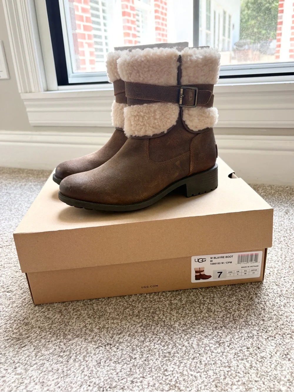 UGG Brown Leather Ankle Boots with Cream Shearling Cuff